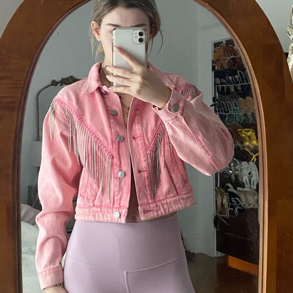 Pink Denim Jacket with Fringe Detail